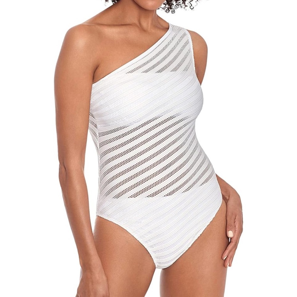 Lauren Ralph Lauren White One-Shoulder Textured One-Piece Swimsuit M/L